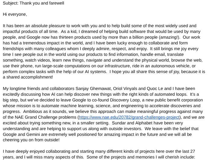 Jeff Dean 离职告别信截图：回顾 27 年谷歌生涯，宣布与三位同事共同创办 Discovery Loop